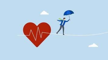 Health insurance, 4k animation of robust individual with an umbrella safeguard traverses perilous path with heartbeat reminiscent of tightrope walking. video