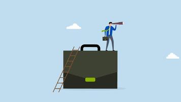 Career future, 4k animation of businessman climb up on briefcase see through binoculars. video