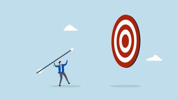 Aiming for big goal, 4k animation of entrepreneur launching large dart, targeting bullseye of dartboard. video