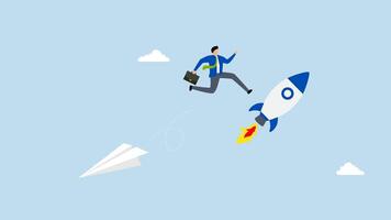 Change to better company, 4k animation of aspiring entrepreneur leaps from vintage origami plane to ascending rocket. video