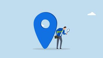 Location search for business address, 4k animation of curious businessman search with magnifying glass with map location pin. video