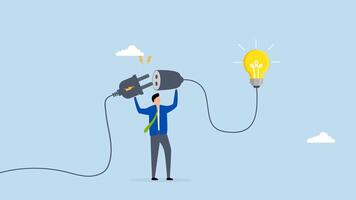 Creativity idea to get solution to solve problem, 4k animation of clever entrepreneur links electric socket to activate brilliant lightbulb concept. video