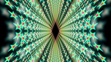 A motion graphic of star shaped objects with a bright neon glow inside a space video