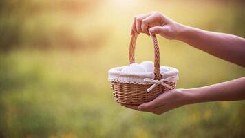 Warm light, hands lift an Easter basket toward, embodying Christian devotion. For worship event posters, Easter celebration materials, and faith-related social media content photo