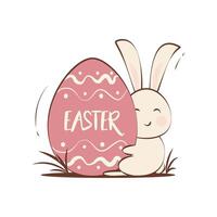 Easter, joyful rabbit with a painted egg in its paws flat illustration on a white background vector