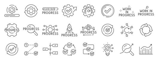 Set of progress related line icons. Process, develop, loading, upgrade etc. Editable stroke vector