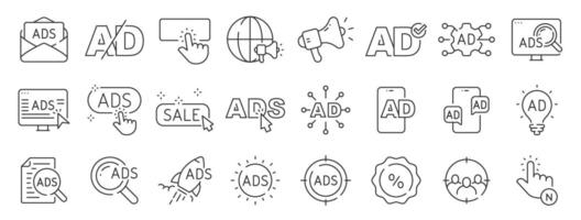 Advertisement line icons. Ads, marketing, promotion, email, click etc. Editable stroke. vector