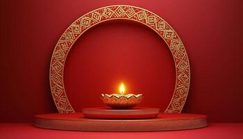 Elegant diya lamp on decorative platform with circular pattern in rich red setting for festival celebration photo