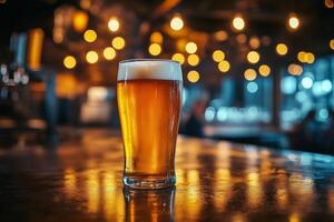 Craft Beer Glass Illuminated by Warm Lights in a Cozy Bar Setting. photo