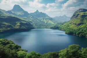 Beautiful Mountainous Landscape With a Serene Lake Under a Bright Sky During the Day photo