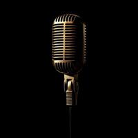 Retro microphone on a black dark background. The concept of singing. Retro microphone on a stand in a recording studio, close-up. photo