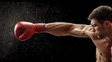 Action-packed image of a boxer delivering a powerful punch with intensity, showcasing strength and determination in the ring. photo