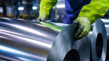 Close-up of worker handling steel rolls in industrial setting, showcasing strength and precision in metalwork processes. photo