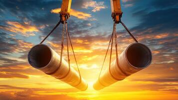 Two large industrial pipes suspended by cranes silhouetted against a vibrant sunset sky, symbolizing construction and development. photo