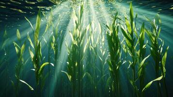 Underwater view of lush seaweed illuminated by sun rays, showcasing marine life and natural beauty. Tranquil aquatic scenery. photo