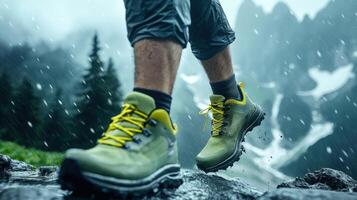 Close-up of hiking boots on a rugged trail in the rain, surrounded by lush greenery and mountains in the background. photo