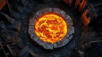 Aerial view of glowing molten metal in a furnace, showcasing intense heat and industrial process in vivid detail. photo