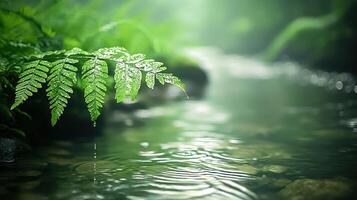 Serene forest stream with lush green ferns and clear water, capturing tranquility and nature's beauty in a peaceful landscape. photo