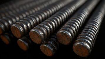 Close-up of sturdy steel reinforcement bars aligned in parallel, highlighting texture and industrial strength, suitable for construction needs. photo