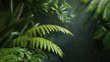 Lush green rainforest foliage drenched in rain, showcasing the vibrant life and natural beauty of a thriving jungle ecosystem. photo