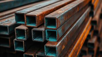 Stacked rusty metal square pipes in close-up, highlighting industrial construction materials and texture under natural light. photo