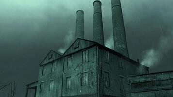 Eerie industrial factory with tall chimneys releasing smoke against a dark, cloudy sky, symbolizing pollution and environmental impact. photo