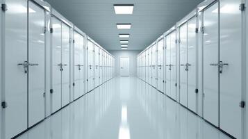 Modern server room with endless rows of secure, metallic doors and bright overhead lighting in a pristine, futuristic corridor. photo