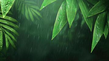 Lush green tropical foliage with raindrops in a serene rainforest setting, capturing the essence of nature's tranquility. photo