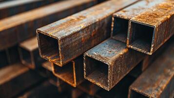 Stack of rusty square metal pipes in an industrial setting, showcasing texture and aging material, perfect for construction themes. photo