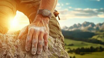 Close-up of climber's hand gripping rock under bright sunlight, with scenic mountain background and clear sky. photo