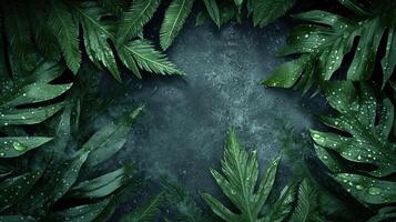 Lush green tropical leaves frame a misty dark background, creating a vibrant, natural border with dew-kissed foliage. photo
