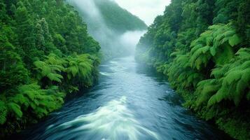 Lush river flowing through dense green forest with misty mountains, creating a serene and picturesque natural scene. photo