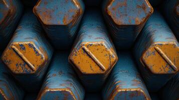 Close-up of industrial metal rods with hexagonal ends, showing rust and blue paint, emphasizing texture and geometric pattern. photo