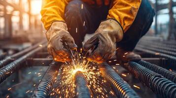 Close-up of a worker welding steel bars at a construction site, emitting bright sparks and wearing protective gloves. photo
