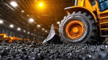 Heavy machinery working in an industrial setting, showcasing a close-up of a large tire and a shovel on rough terrain. photo
