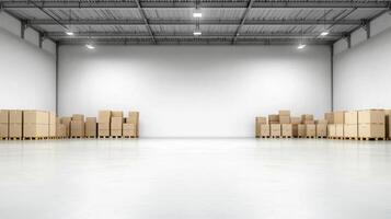 Spacious warehouse interior with stacked cardboard boxes on pallets, featuring clean floors and high ceilings for organized storage. photo