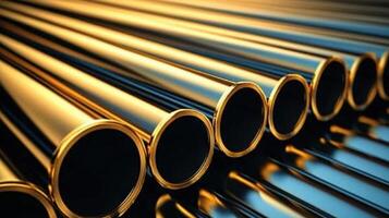 Close-up of metallic pipes with golden reflections, showcasing industrial materials and engineering precision. photo