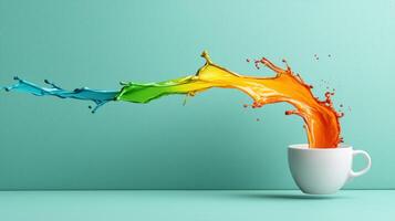 Colorful liquid splashes gracefully from a porcelain cup against a teal background, creating a vibrant and dynamic visual effect. photo