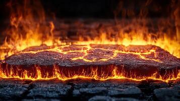 Molten lava flowing in fiery landscape, showcasing intense heat and natural volcanic activity, creating a captivating scene. photo