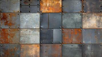 Close-up of a grungy industrial metal wall with rust, cracked textures in a grid pattern, showing signs of aging and weathering. photo