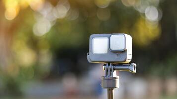 Action camera on its handle on blur background photo
