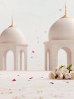 Roses on a white floor with architectural structures and floating petals create an elegant scene photo