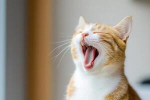 Sleepy orange and white cat yawns, showing teeth and tongue. Eyes are closed in exaggerated expression photo