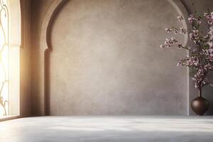 Elegant room with archway, floral arrangement, and soft natural light creating a serene ambiance photo
