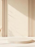Minimalist backdrop with cylinder platform and subtle shadows for elegant product presentation photo