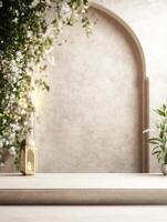 A beautiful composition with an ornate lantern and a cascading garland against a textured wall photo