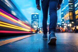 Person walking alongside a city road with bright lights and buildings at night in motion photo