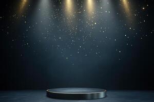 Illuminated stage pedestal with golden sparkles under spotlight, perfect for product placement photo