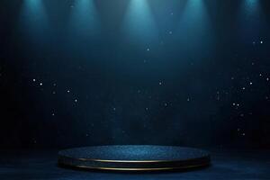 A dark blue glittering podium stage with a gold trim is illuminated by spotlights for an event photo