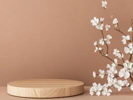 Minimalist display platform with floral accents against a warm background, simple and elegant photo